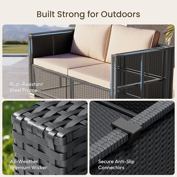 Patio Furniture Set - All-Weather -5 Piece Outdoor Patio Conversation Couch Sets, Modular Wicker Rattan Sectional Sofa for Garden, Patio, Poolside, Backyard, Balcony, Porch,Khaki