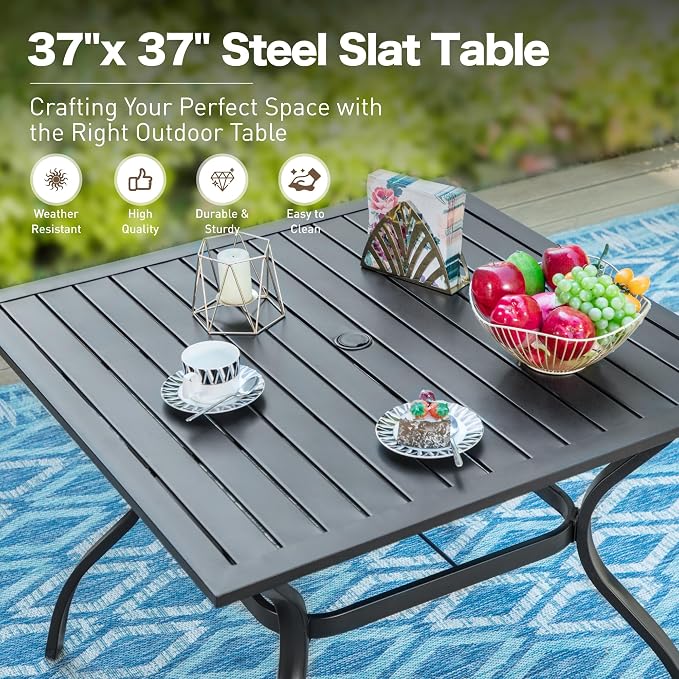 SUNSHINE VALLEY 5 Piece Patio Dining Set for 4, 37”Square Table with Umbrella Hole, 4 x Metal Red Chairs, Outdoor Table and Chairs for Lawn and Deck