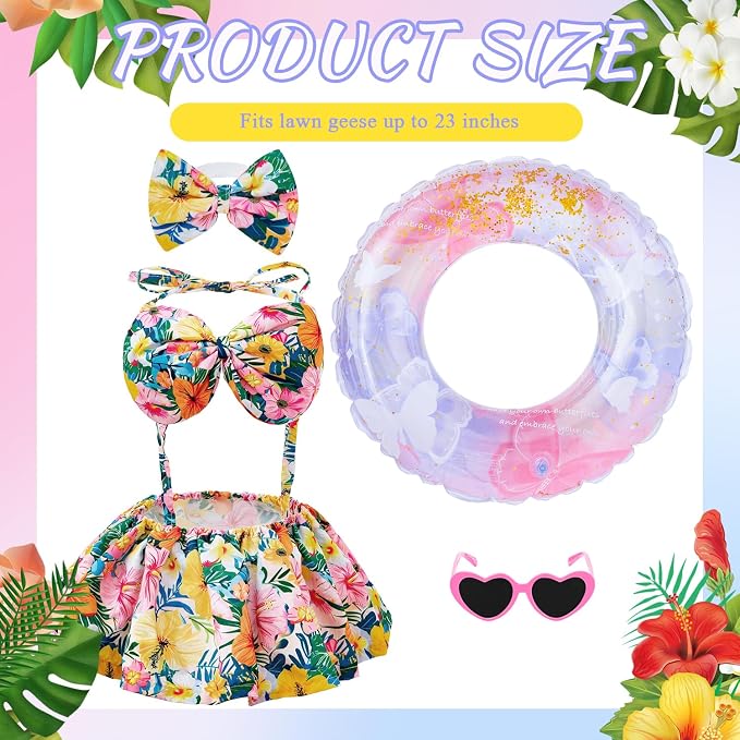 Bikini Porch Goose Outfits Fits 23" Goose Statue Summer Porch Goose Outfit with Sunglasses and Swim Ring Hawaiian Porch Goose Clothes Costume for Outdoor Garden Lawn Yard Decor(Colorful Flower)