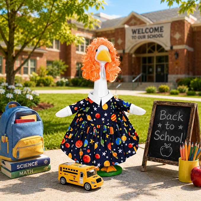 JcHrmers Back to School Porch Goose Outfits Teacher Goose Outfits Lawn Goose Clothes Fits 23" Cement Plastic Goose Statue for School Classroom Outdoor Garden Lawn Yard Patio Decor