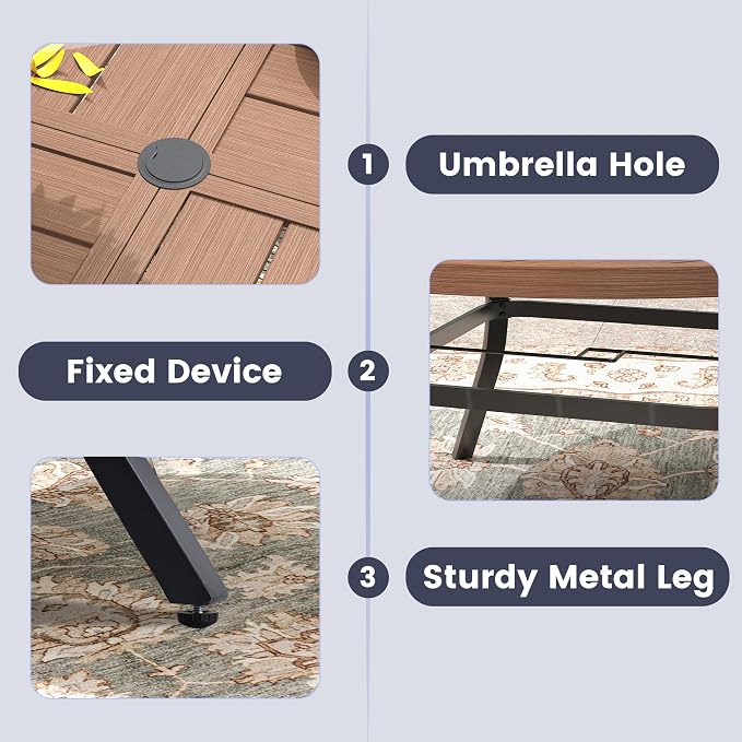 VICLLAX 63" Round Outdoor Table, Patio Dining Table for 8-10 with Umbrella Hole for Garden Lawn Deck Backyard, Walnut