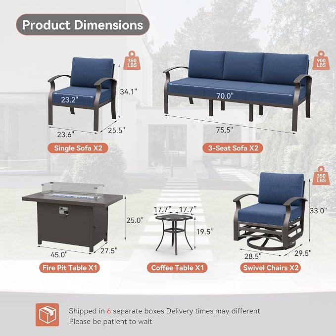 Kurapika Aluminum Patio Furniture Set 10-Seat Modern Metal Outdoor Conversation Sets w/45in Propane Fire Pit Table, Swivel Rocking Chairs Patio Sectional Sofa w/5.1 Inch Cushion, Navy Blue