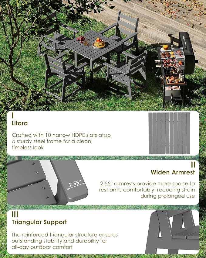 GREENVINES 5-Piece-Outdoor-Dining-Set | HDPE | Square | Patio Furniture | All Weather | Removable Armrests | Slatted Table and Chairs Sets for 4 | for Backyard Poolside Garden | Grey