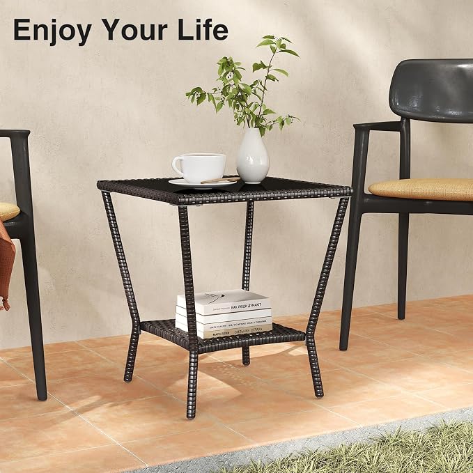 Kinfant Rattan Patio Side Table - Modern Wicker End Table, PE Rattan Coffee Table with Glass Top, Weather-Resistant Patio Furniture for Patio, Balcony, Garden, and Poolside (1, Black Brown)