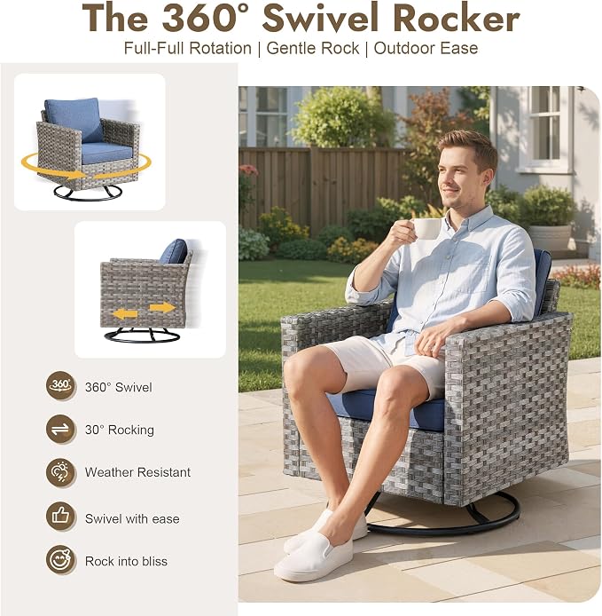 10 Pieces Outdoor Patio Sectional, Wicker Patio Furniture Set with 42 inch Fire Pit Table, All-Weather L Shaped Patio Conversation Set with Swivel Chairs, for Backyard Porch Yard,Blue