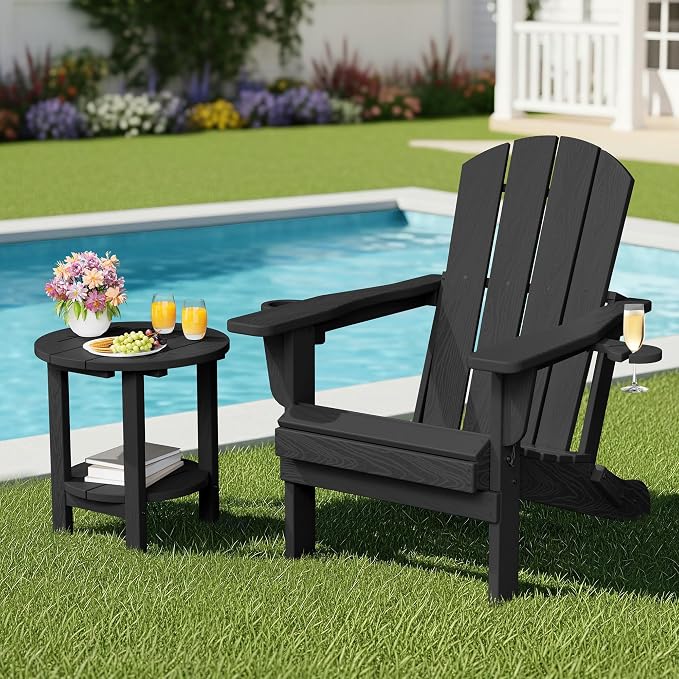 SERWALL Round Outdoor Side Table Set of 2, HDPE Small Adirondack Double End Table, Black