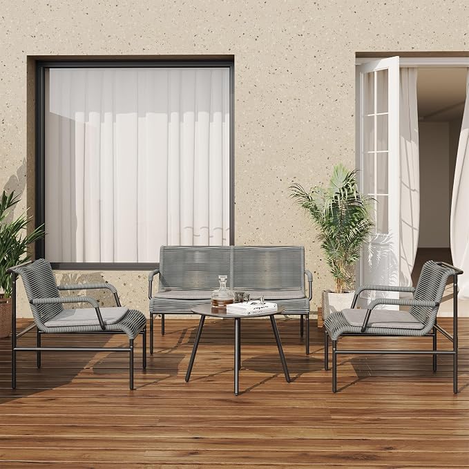 East Oak 4 Piece Patio Furniture Set, Outdoor Furniture with PE Wicker Rattan Chairs and Coffee Table, Modern Patio Conversation Set with Soft Pad for Garden, Backyard and Porch, Misty Grey