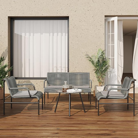 East Oak 4 Piece Patio Furniture Set, Outdoor Furniture with PE Wicker Rattan Chairs and Coffee Table, Modern Patio Conversation Set with Soft Pad for Garden, Backyard and Porch, Misty Grey