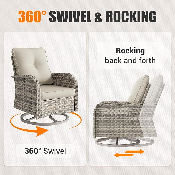 Outdoor Patio Furniture Set Patio Rocking Swivel Chair with Tempered Glass Side Table, Outdoor Wicker Rattan Bistro Set with Ottomans for Garden, Deck, and Balcony, White