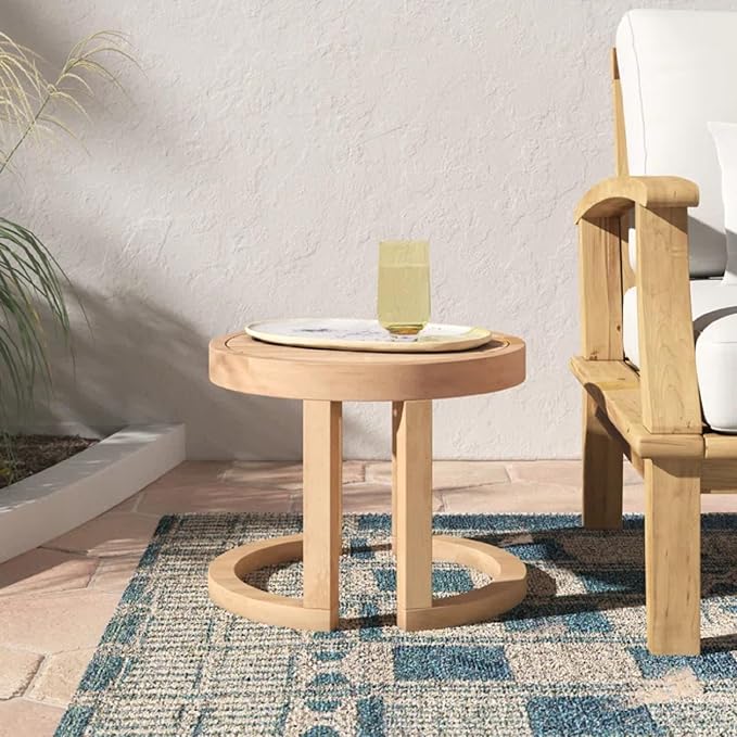 Outdoor Side Table, 18" Farmhouse Acacia Wood Round End Table Patio End Side Table, Round Sofa Side Table Coffee Table for Patio Porch Lawn Living Room (J-Brown)