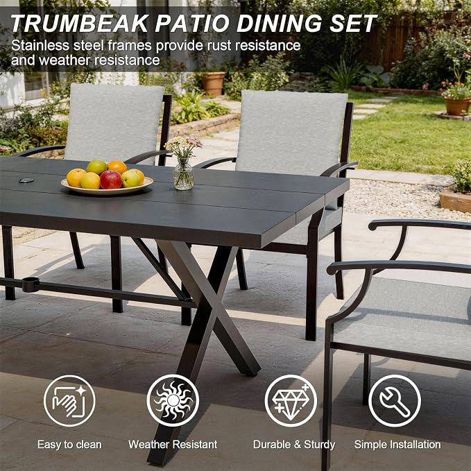 Patio Dining Set for 10 with 13.6ft Double-Sided Patio Umbrella,Outdoor Dining Set of 6 Metal Chairs and 2 Swivel Chairs with Umbrella Hole Table for Backyard,Garden,and Poolside(Grey)