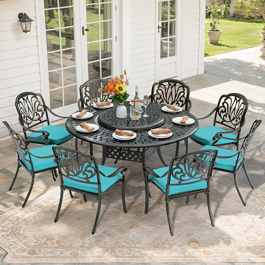 9-Piece Patio Furniture Dining Set, All Weather Cast Aluminum Outdoor Conversation Set- 61" Round Patio Dining Table with Detachable Lazy Susan, 8 Cushioned Chairs, Umbrella Hole, Ocean Blue