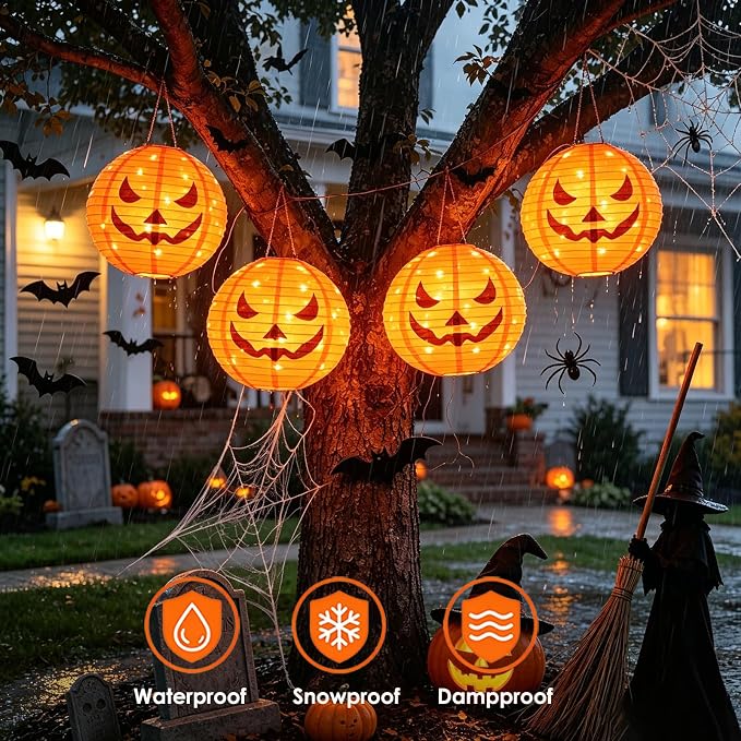 HUGSVIK 4Pcs Solar Pumpkin Lights Outdoor Hanging Halloween Decorations | 12-Inch Jack O Lantern, 160 LEDs & 8 Modes, Waterproof Outdoor Halloween Lights for Yard Porch Trick-or-Treat Party