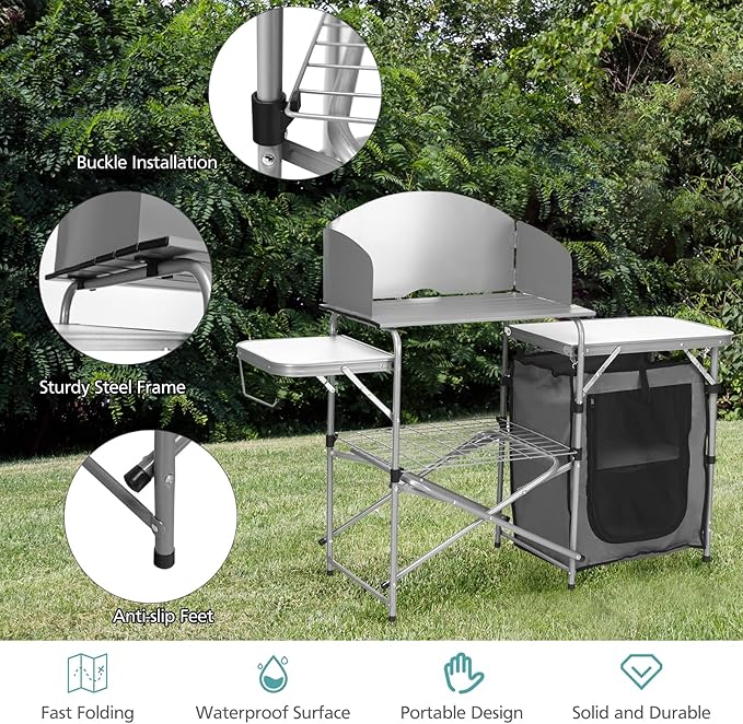 Goplus Camping Kitchen Table, Portable Outdoor Cooking Table with Storage, 26'' Tabletop, Detachable Windscreen, Camp Cook Station, Folding Grill Table for Tailgating BBQ Picnic Backyard Beach RV