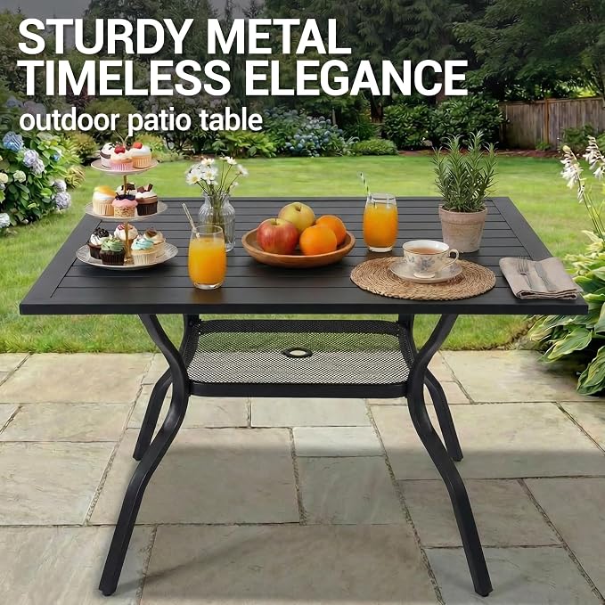 37" Outdoor Dining Table for 4 Person, Metal Rectangular Steel Slat Square Patio Dining Table with Adjustable Umbrella Hole for Garden, Partitioned Storage Rack, Backyard and Porch, Black