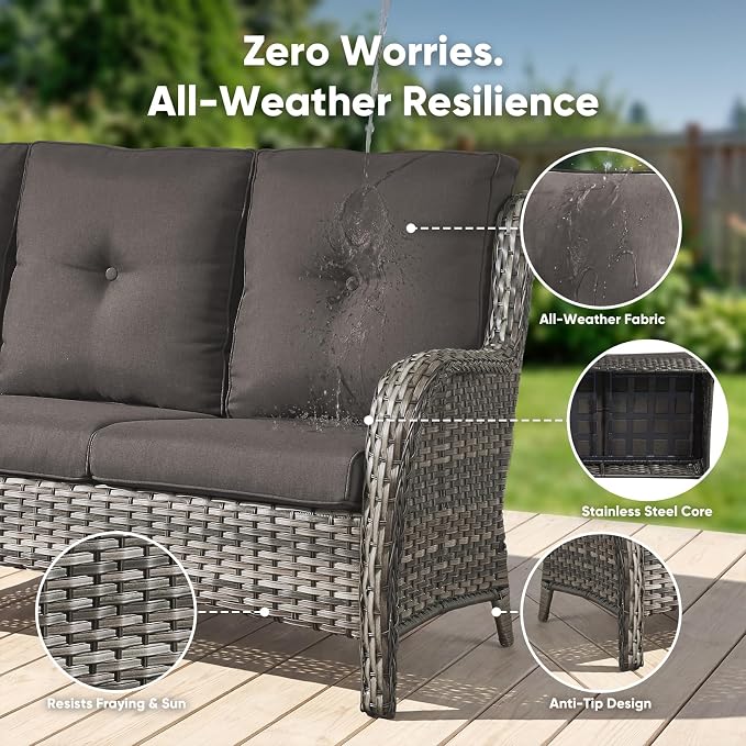 Belord 3-Piece PE Wicker Outdoor Sofa with 2 Ottomans, Luxury Patio Couch Convertible to Chaise Lounge, All-Weather High Back Deep Seat Woven Furniture for Deck, Porch - Grey/Grey