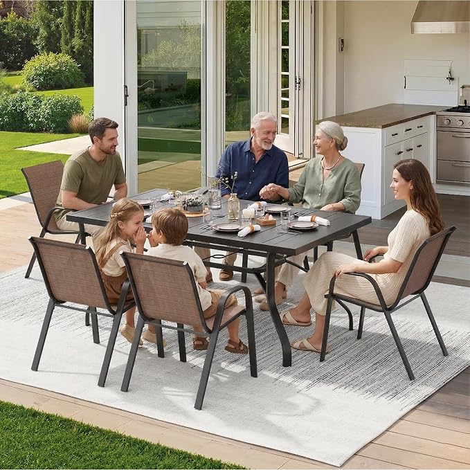 Soohow 7-Piece Outdoor Dining Set, Outdoor Patio Table and Chairs Set, 6 x Stackable Chairs & 1 x Outdoor Table with Umbrella Hole, All-Weather Patio Dining Sets for Poolside, Backyard and Porch