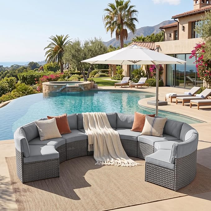 ABCASA Outdoor Patio Furniture Set, 10 Pieces Half-Moon Curved Outdoor Sectional Sofa and Side Table Waterproof Cover, Wicker Rattan Patio Coversation Set for Porch,Backyard(Grey)