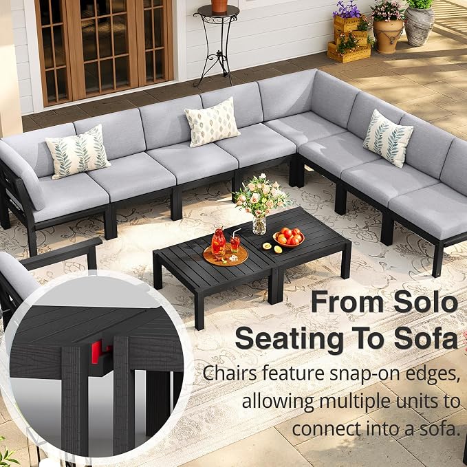 Modular Outdoor Patio Furniture Corner Seat, HIPS All-Weather Outdoor Sectional Sofa with High-Density Thick Cushions, Easy Side Interlock, Patio Seat for Backyard, Balcony, Deck (Black)