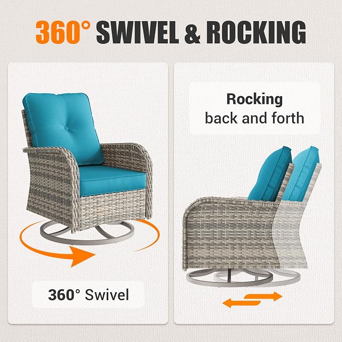 11-Piece Outdoor Patio Furniture Set with Rocking Swivel Chair, Wicker Rattan Sectional Sofa Conversation Set with 55,000 BTU Fire Pit Table, Backyard Furniture, Turquoise
