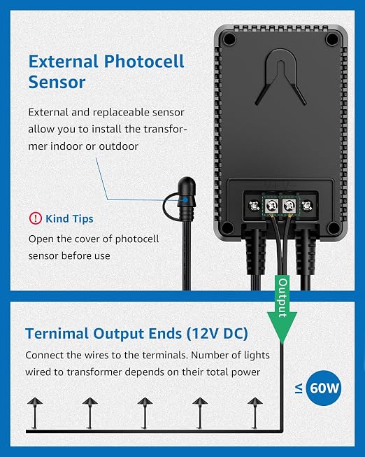 SUNVIE 60W Low Voltage Landscape Transformer with Timer and Photocell Sensor, 120V AC to 12V DC Landscape Lighting Transformer Weatherproof Low Voltage Transformer for Landscape Lights Pathway Lights | 120V AC to 12V DC Landscape Lighting Transformer W...
