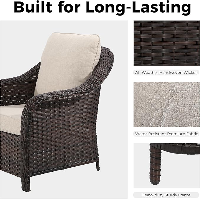 7 Piece Patio Wicker Conversation Set, All-Weather Use Outdoor Wicker Loveseat with 2 PE Rattan Ottomans,4 Chair, Ideal for Porch, Backyard, Balcony, Poolside, Beige