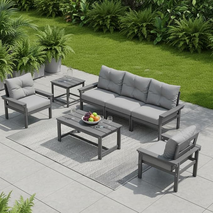HDPE 3 Piece Patio Furniture Set, All-Weather Outdoor Couch Set with Thick Cushions, Patio Conversation Sets for Lawn, Garden, Porch, Deck, Balcony, Poolside, Grey Frame Grey Cushion