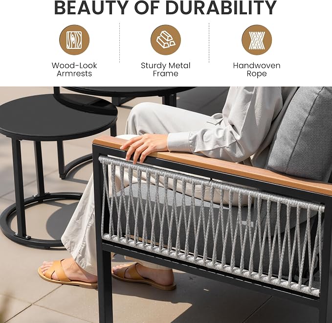 7-Piece L-Shaped Outdoor Sectional Sofa Set with Nesting Table | Hand-Woven PE Wicker, All-Weather Steel Frame, 4.3-Inch Thick Removable Cushions, Glass Coffee Table, Patio Conversation Set