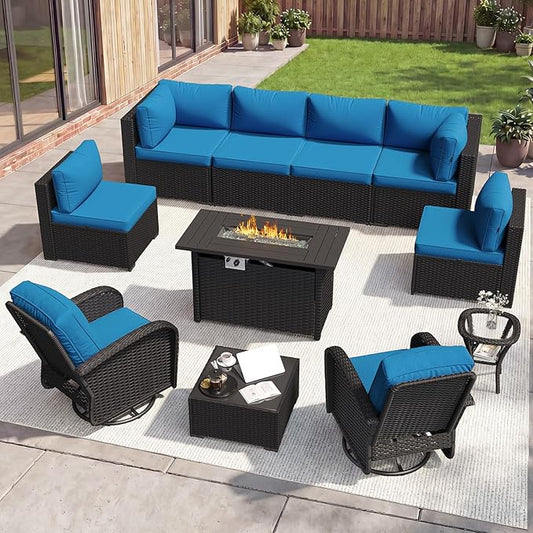 Aoxun 11 Piece Outdoor Patio Furniture Set with 44'' Fire Pit Table, Wicker Rattan Outdoor Furniture with High Back Swivel Rocker Chairs, Outdoor Sofa Set with Thick Cushion & Side Table, Peacock Blue