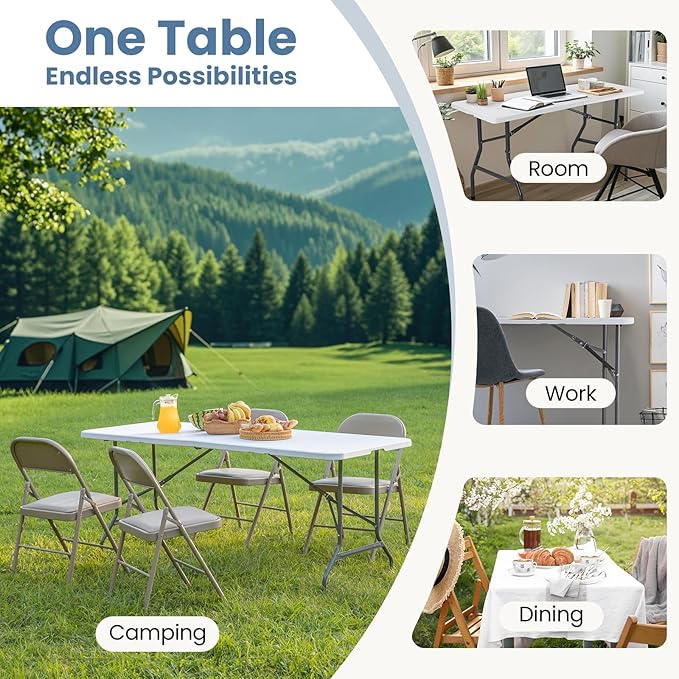 Sweetcrispy 8 FT Folding Picnic Table Easy to Fold and Store, Foldable Table for Camping Picnic Dining Party Kitchen Outdoor Indoor with Carrying Handle