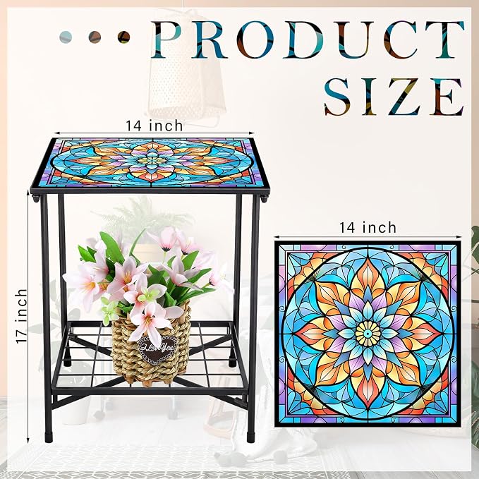 Cinnvoice Outdoor Side Table 2-Tier Storage Square Small Mosaic Patio Accent Indoor End Plant Coffee Tea Table for Yard Patio Porch Garden Living Room, Bedroom(Mandala Style)