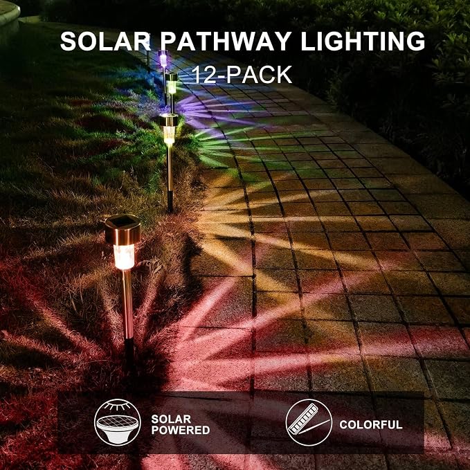 Solar Lights Outdoor Waterproof, Solar Garden Lights, Multicolor, 12 Pack | Outdoor Solar Lights Stainless Steel LED Landscape Lighting Decorations for Yard Pathway Patio Lawn