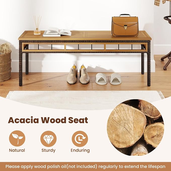 Tangkula 3 Pieces Wood Patio Dining Set, Outdoor PE Wicker Rectangular Acacia Wood Table and 2 Cushioned Benches with 1.97” Umbrella Hole, Outside Furniture Set for Deck, Garden and Backyard