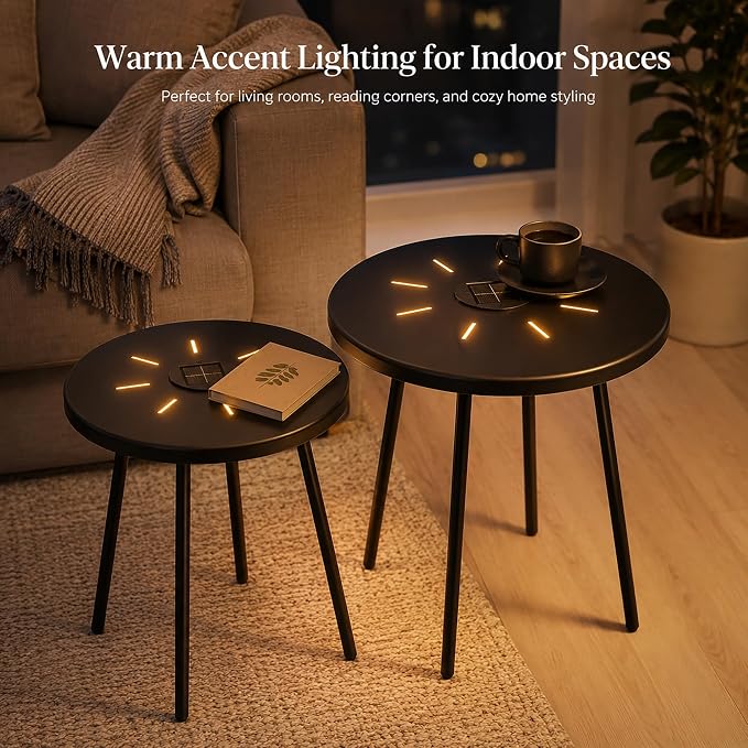 Solar Outdoor Side Table Set of 2 with Warm LED Light, Round Metal Patio End Tables, IP44 Water-Resistant Stackable Accent Tables for Balcony Porch Garden Poolside, Black