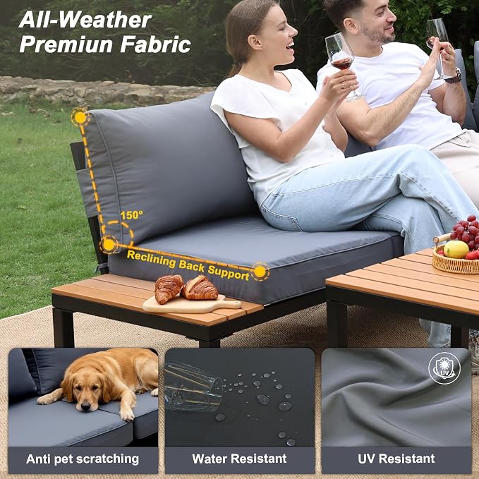 JOYURE 4-Piece Patio Furniture Set,Metal Outdoor Sectional Sofa with Fauxwood Tables &Adjustable Reclining Chair,Patio Modular L Shaped Sofa with Thick Cushions for Backyard,Deck,Balcony,Grey