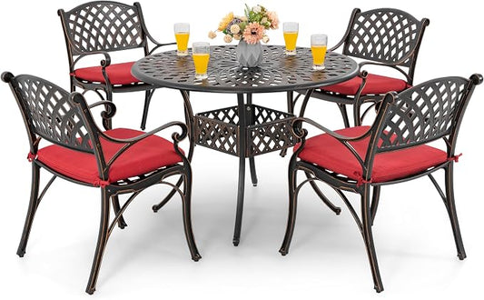 NUU GARDEN 5 Piece Patio Dining Set, Cast Aluminum Outdoor Dining Sets with Red Cushions, Round Patio Dining Table with Umbrella Hole for Garden, Backyard, Balcony, Black with Bronze Edge