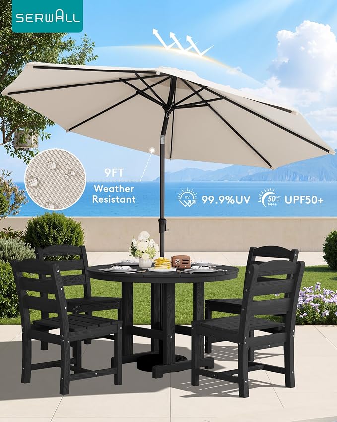 SERWALL Outdoor Round Dining Sets with Umbrella, HDPE Patio Table and Chairs Furniture Set, 45" Round Dining Table & 4 Armless Dining Chairs & 1 9FT Umbrella, Black(Not Include Umbrella Base)