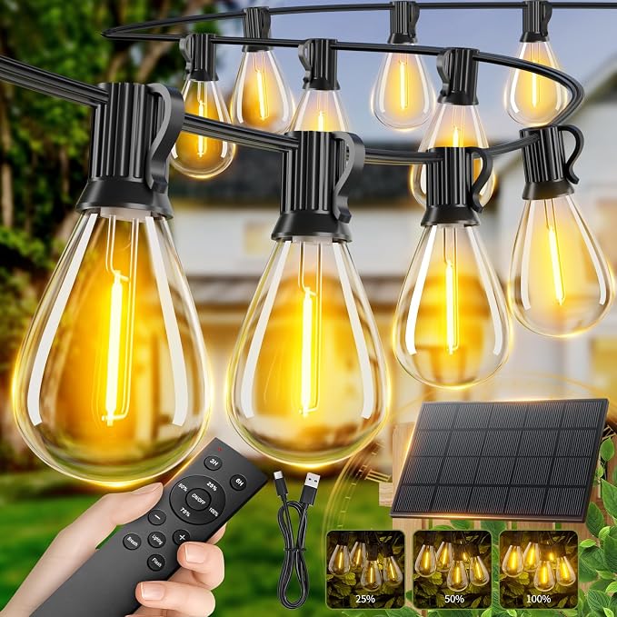 50FT Solar String Lights Outdoor Waterproof, 18+1 LED Solar Powered Lights with Remote Control, 3 Light Modes & Dimmable, USB-C Charging for Patio, Backyard, Garden, Camping