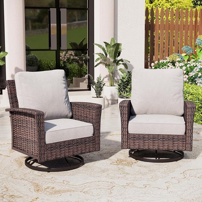 SUNSHINE VALLEY Patio Wicker Swivel Chairs Set of 2, Outdoor High Back Chairs with 5.5" Waterproof Cushions, Outdoor Furniture Set for Deck Porch and Yard, Light Grey