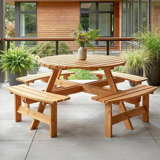 VINGLI Wood Picnic Table Outdoor Round Picnic Table with 7.5ft Umbrella and 4 Built-in Benches, Outdoor Dining Tables and Chairs 550 LBS Bench Capacity (Gray, Round)
