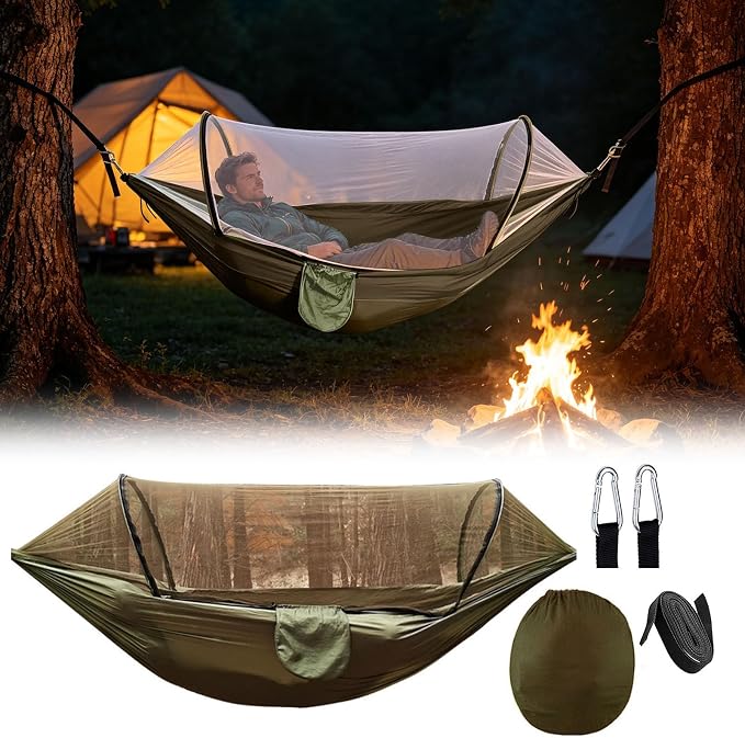 Heavy Duty Hammock with Mosquito Net–Canvas Hammock, Fade-Resistant Cotton Lounger, Roll-Free Comfort Design, Easy Setup for Backyard, Porch, Garden, Camping, Travel (Army Green)