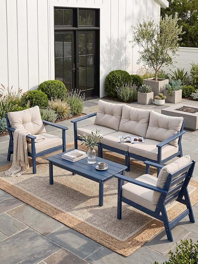 2 Seat Chair Set, HDPE Patio Conversation Set, Outdoor Patio Furniture | Water-Resistant Thick Cushion, HDPE All Weather, Wood-Grain, No Rot or Rust or Crack, UV Fade Shield, Easy-Clean for Outside
