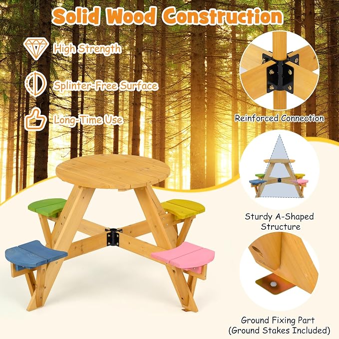 Costzon Kids Picnic Table, 4-Person Wooden Toddler Outdoor Table & Stool Set with Adjustable Umbrella, Wooden Kids Outdoor Furniture for Patio Backyard Lawn Garden