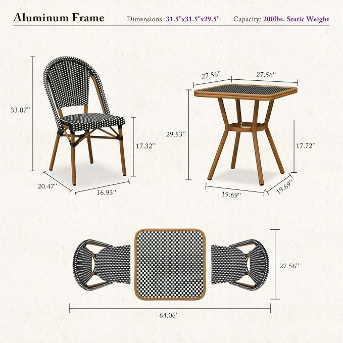 PURPLE LEAF 3-Piece French Bistro Dining Set Square Outdoor Patio Table and 2 Armless Chairs Tempered Glass Top PE Rattan Bamboo Print Finish Aluminum Frame Black