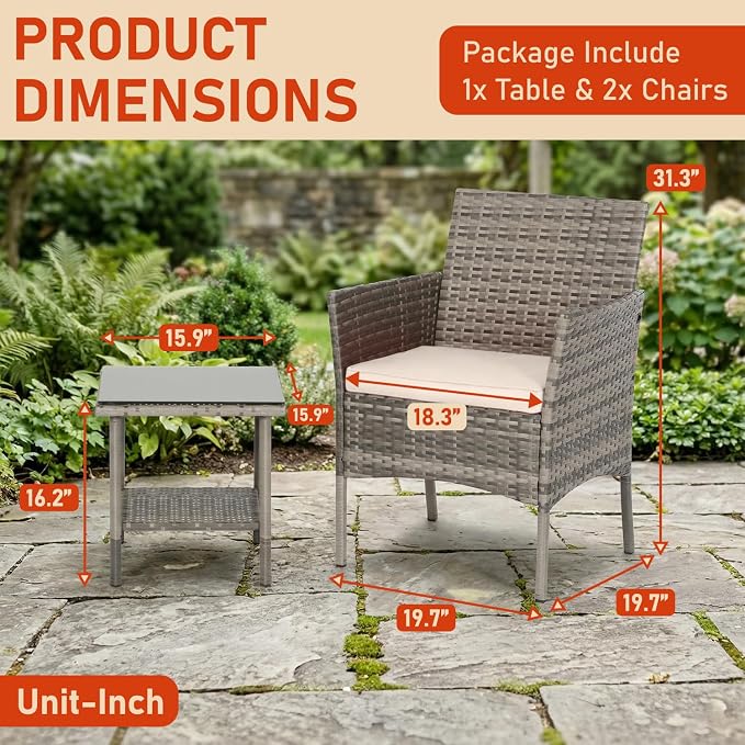 3 Pieces Patio Furniture Outdoor Bistro Set Outdoor&Indoor Conversation Set Coffee Table Chairs Set for 2 with Water-Resistant Cushions for Lawn Yard Garden Porch Balcony and Pool,Grey and Khaki