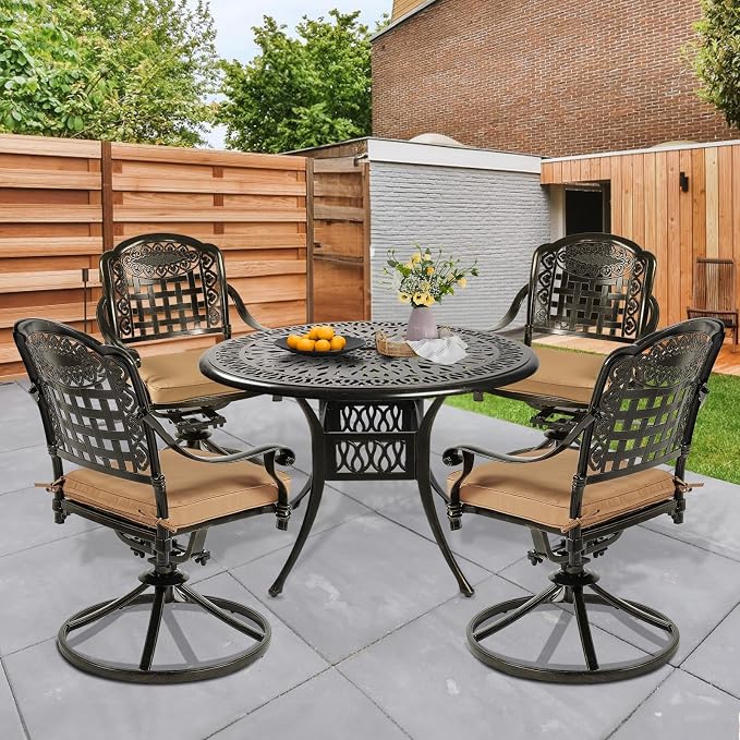 5 Piece Patio Dining Set, Outdoor Table and Chairs Set for 4 Cushioned Swivel Rocking Chairs and 35.4'' Round Table, All-Weather Cast Aluminum Patio Funiture Set, 2'' Umbrella Hole