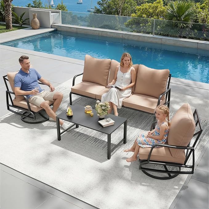 Soohow Patio Furniture Set, 4 Piece Outdoor Patio Furniture Set, 2 x Outdoor Swivel Chair, 1 x 3-Seats Sofa and 1 x Coffee Table, Metal Conversation Set for Porch, Balcony, and Backyard