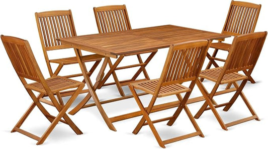 East West Furniture AECM7CWNA 7 Piece Patio Dining Set Consist of a Rectangle Outdoor Acacia Wood Table and 6 Folding Side Chairs, 36x60 Inch, Natural Oil