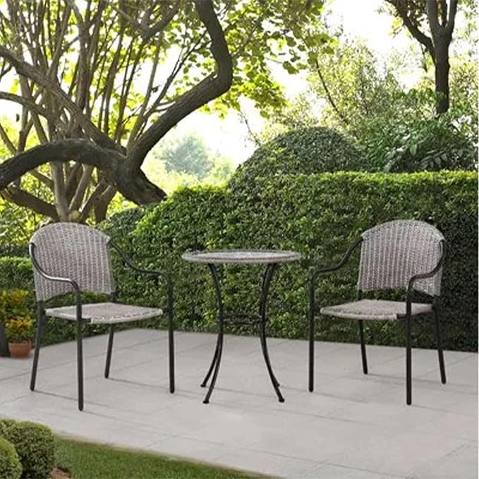 Four Seasons Courtyard 24 Inch Round Marbella Wicker Bistro Patio Table Portable Outdoor Backyard Deck Furniture with Glass Tabletop, Gray/Black