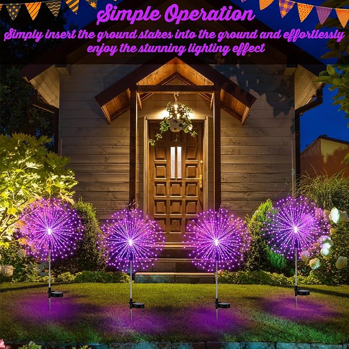 Tujoe 6 Pcs Halloween Solar Firework Stake Lights 180 LED 8 Modes Solar Waterproof LED Sparkler Lights Outdoor Decoration for Garden Patio Yard Pathway Walkway Lawn Xmas Decor (Purple)